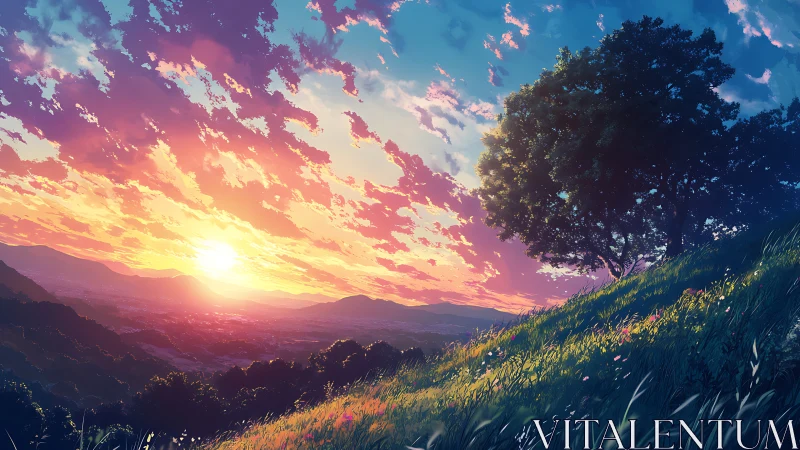 Sunlit hillside overlooks a dreamy valley at radiant sunset