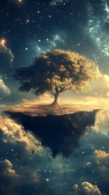 Luminous tree drifts on a floating island beneath starlight.