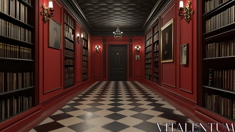 Dark red library corridor extends toward closed black door