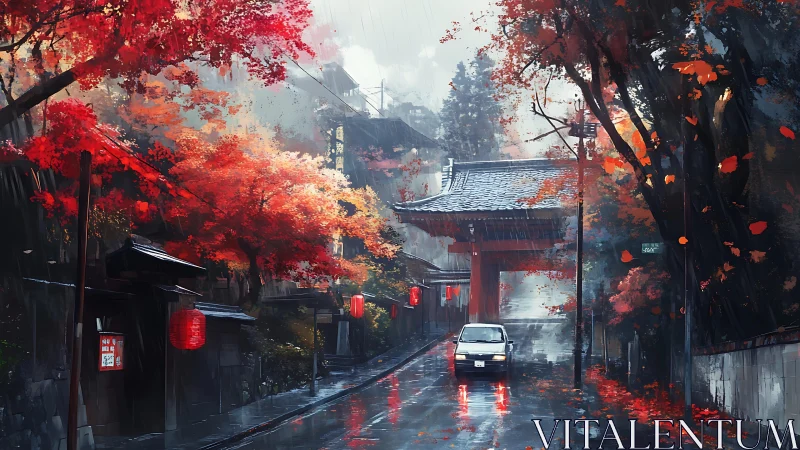 Rain-soaked Kyoto street beneath vivid autumn maples at dusk.