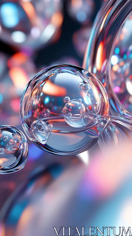 Iridescent glassy bubbles drift through neon bokeh light.
