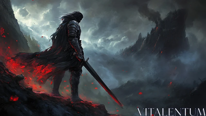 Dark knight surveys burning wasteland under storm clouds.