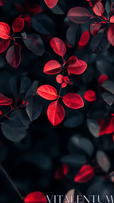 Crimson foliage emerges against desaturated bokeh background