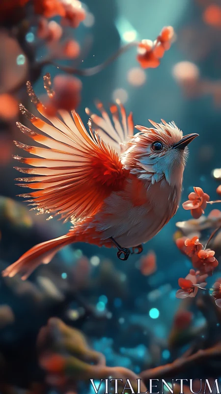 Radiant songbird glides through dreamy blossom-filled forest.