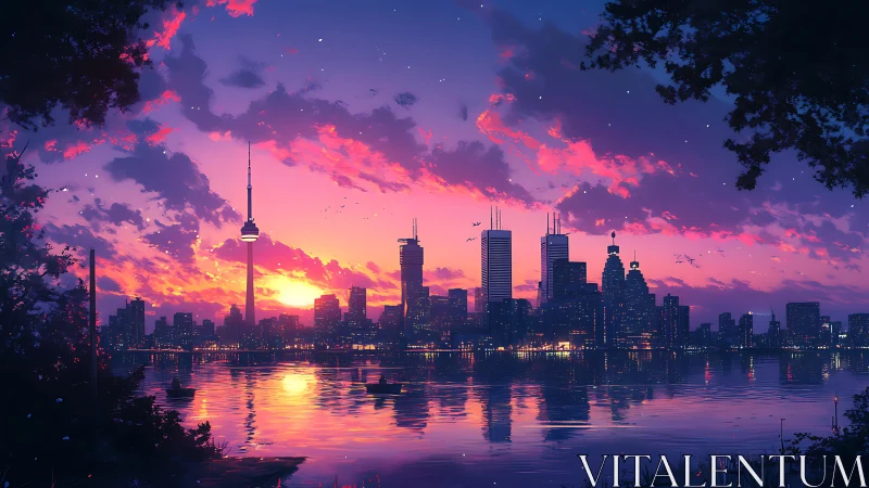 Digital painting skyline at dusk with reflective waterfront lighting.