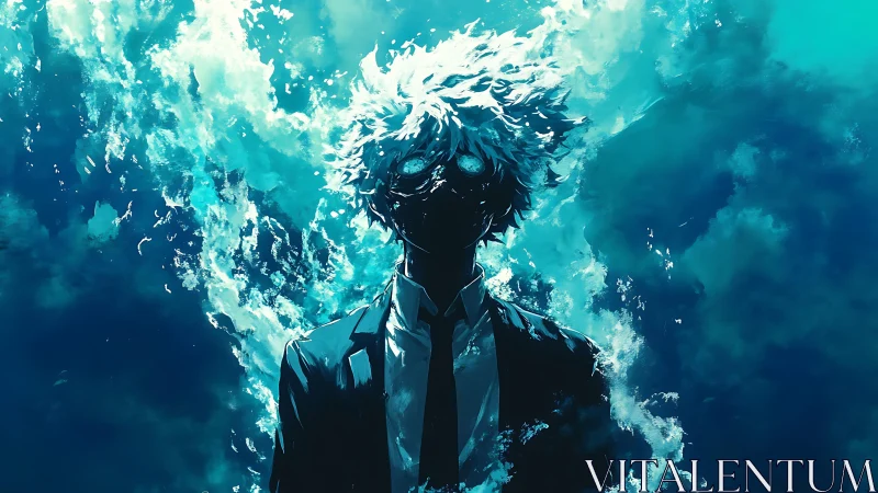 Shrouded figure in suit stands amid turbulent teal energy