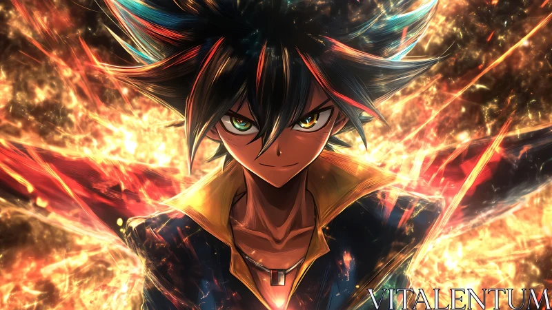 Blazing anime hero stands confident in a storm of fiery light