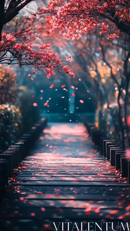 Gentle autumn pathway lined with falling crimson leaves.