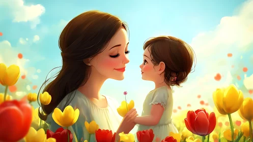 Woman and child in field of yellow and red tulips.