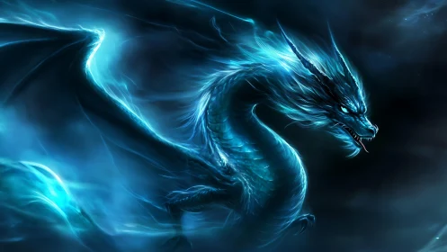 Storm-lit azure dragon in swirling spectral energy clouds.