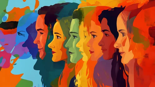 Diverse Faces in Vibrant Abstract Style, Side Profile Portraits.