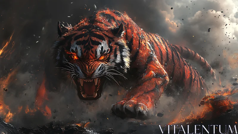 Blazing tiger spirit charges forward through smoke and fire