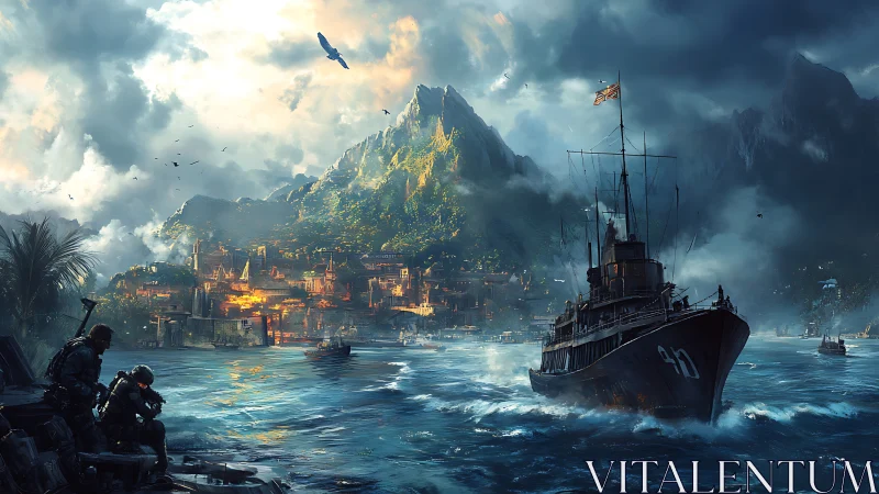 Stormy harbor patrol ship approaching fortified coastal town.