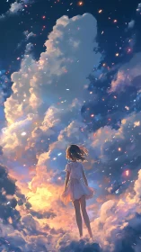 Backlit girl levitates amid volumetric clouds and glowing particles