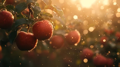 Backlit dewy apples in orchard rainfall with warm bokeh glow