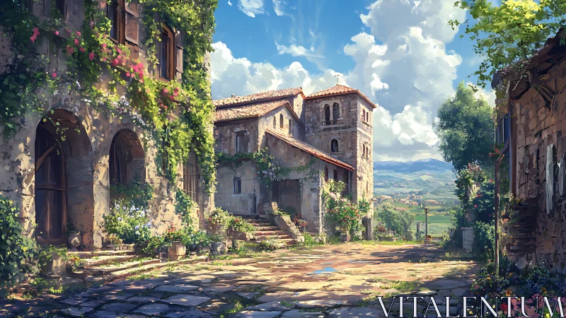 Sunlit village stones trade secrets with wandering blossoms