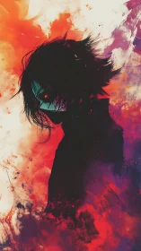 Masked silhouette in high-contrast, abstract chromatic turbulence