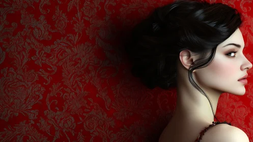 Profile portrait with high-contrast lighting against ornate red damask