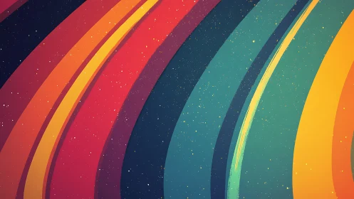Curved multicolor bands with speckled starfield backdrop.