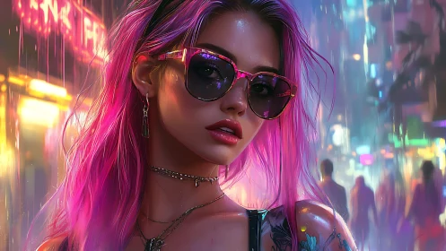 Neon soaked city night with a confident pink haired muse.