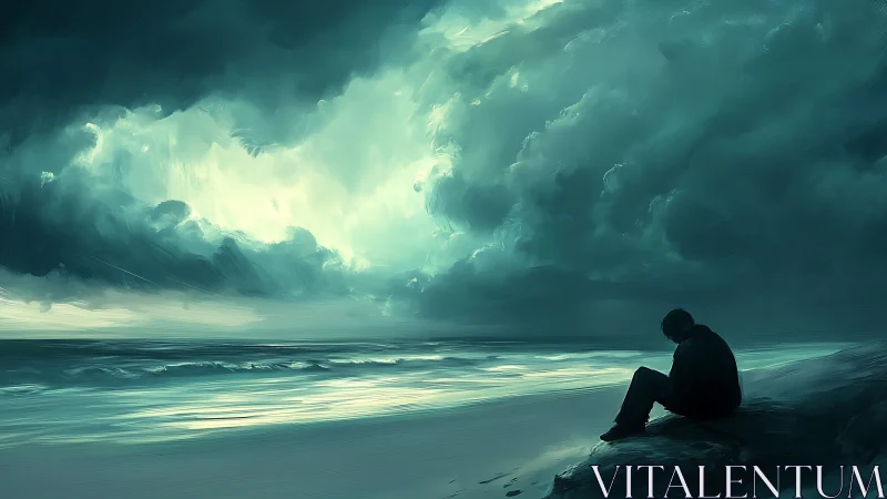Solitary figure beside storm-lit ocean under brooding sky.