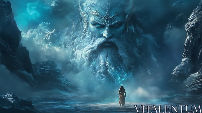 Colossal frost deity confronting lone wanderer in mist.