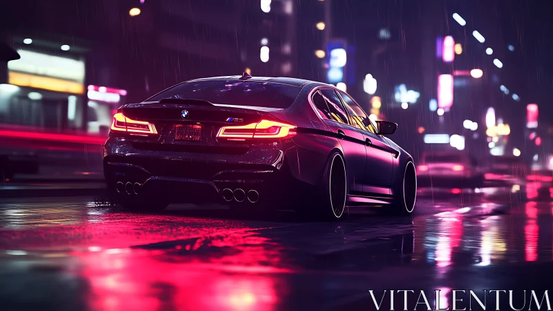 Rain-soaked performance sedan in neon-lit cyberpunk city street