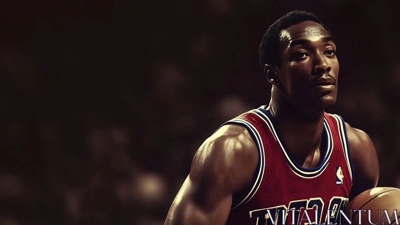 Focused basketball player in red jersey holding ball, closeup