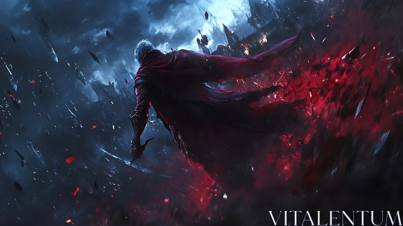 Crimson‑cloaked warrior in stormlit ruin, dynamic charge.