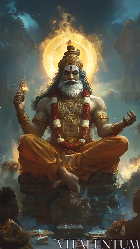 Meditating temple sage radiates divine fire halo above altar