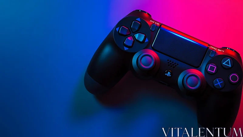 Gaming Controller Against Neon Blue and Pink Gradient Background.