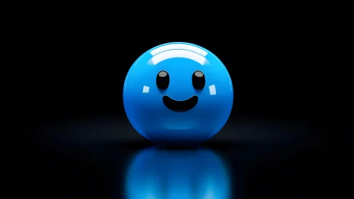Glossy blue smiley face emoji on black background, 3D digital art.