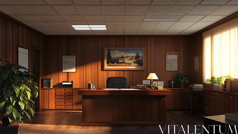 Sunset slants through a retro wood-paneled executive haven