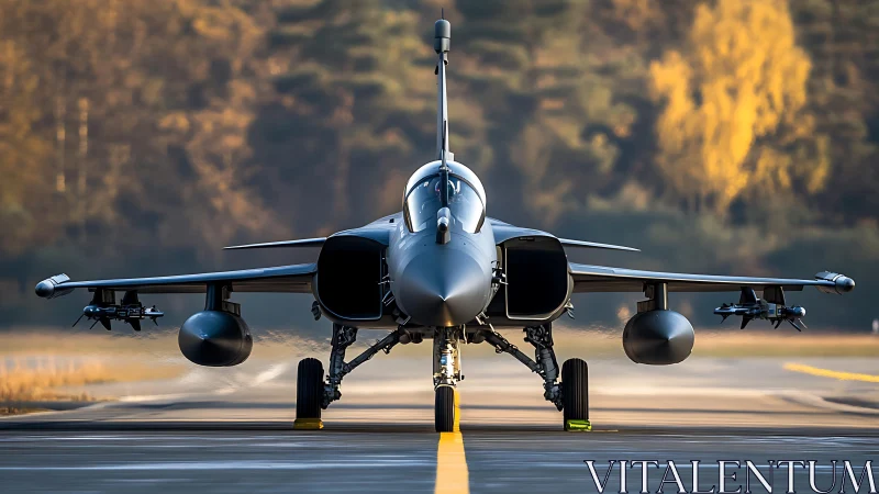 Steel falcon waits poised on autumn-bright runway.
