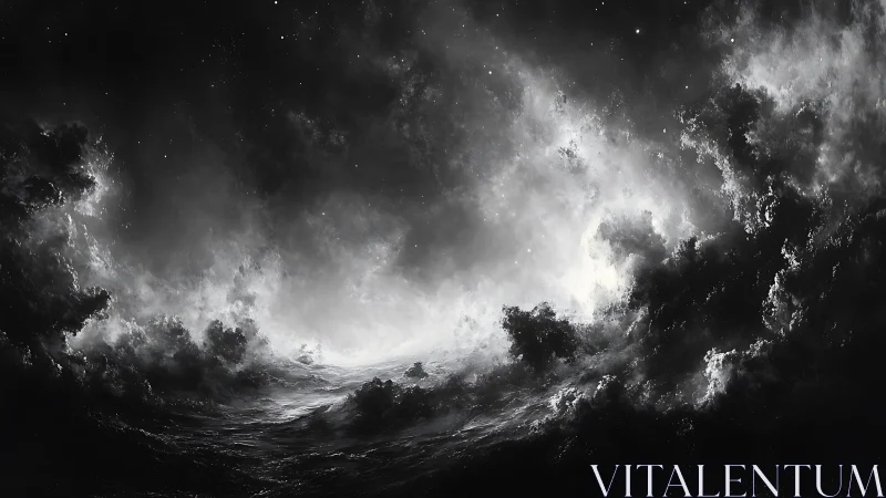 Starlit maelstrom unfurls over a cosmic monochrome sea.