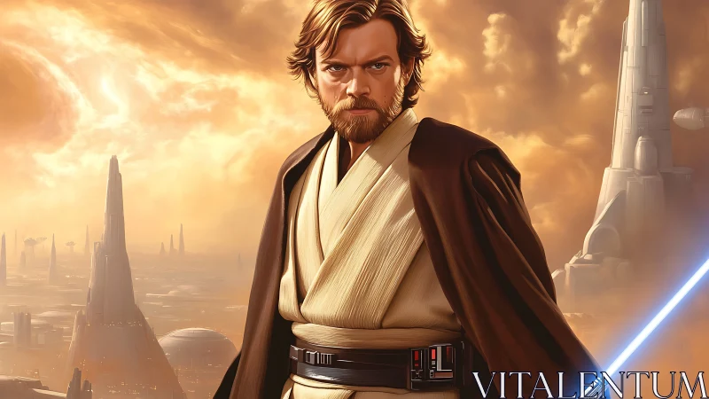 Jedi warrior with lightsaber above futuristic cityscape.