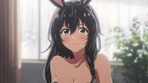Smiling anime girl in bunny ears under soft window light