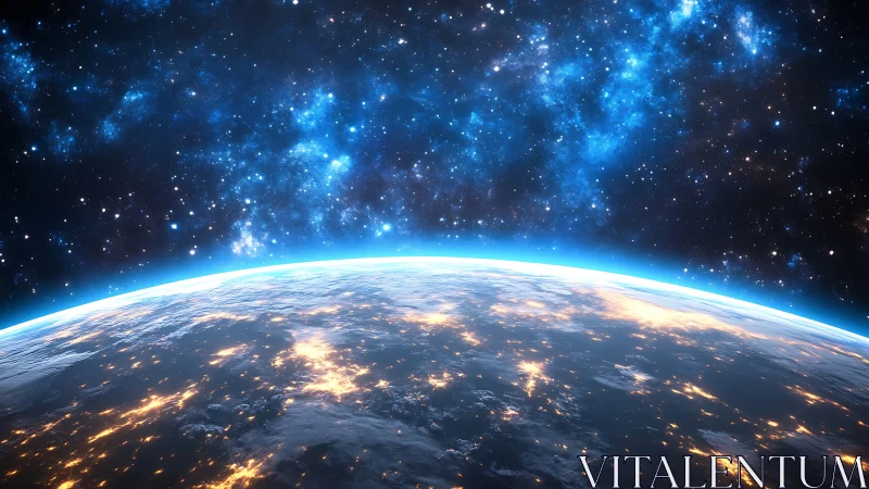 Glowing Earth horizon curves beneath a vivid star-filled galaxy