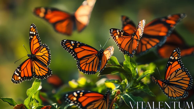 Monarch butterflies on green foliage in soft daylight.