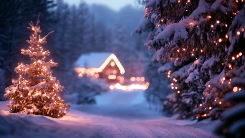 Snowlit firs whisper quietly toward the glowing winter cabin