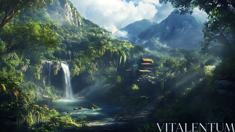 Digital painting of mist-laden jungle waterfall sanctuary.