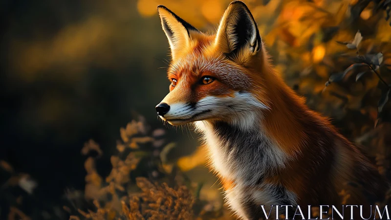 Red fox portrait rendered in warm autumn forest light