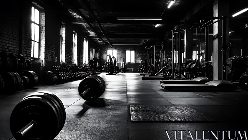Photorealistic monochrome powerlifting gym with dramatic light.