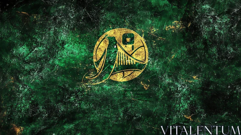 Golden circular emblem on green textured abstract field.