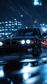 Midnight city drive with sleek black car in neon rain.