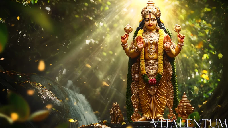 Golden Hindu goddess statue stands radiant in forest light