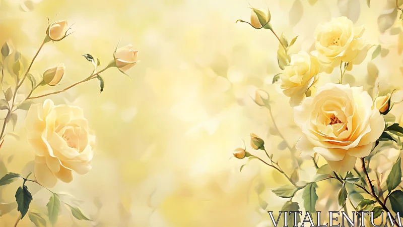 Cream Yellow Garden Roses with Soft Bokeh Atmospheric Background. Digital rendering