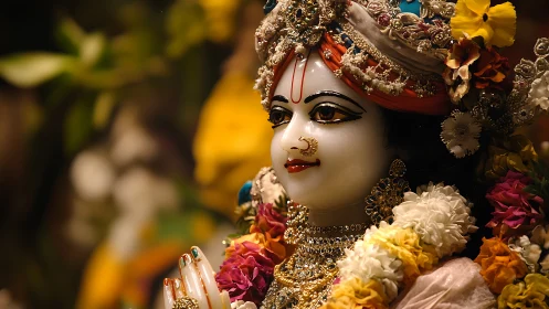 Decorated Hindu deity statue captured in sharp close-up