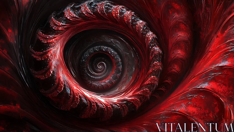 Crimson vortex curls inward like a baroque cosmic seashell