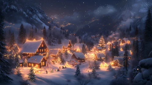 Snow covered alpine village glows with dense festive lights
